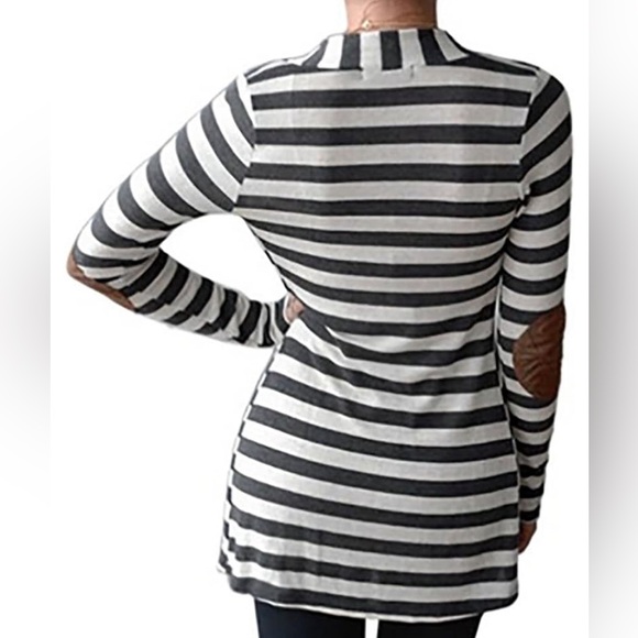 Merry Fun Women's Elbow Patch Long Sleeve Gray White Striped Open Front Cardigan - Picture 7 of 7